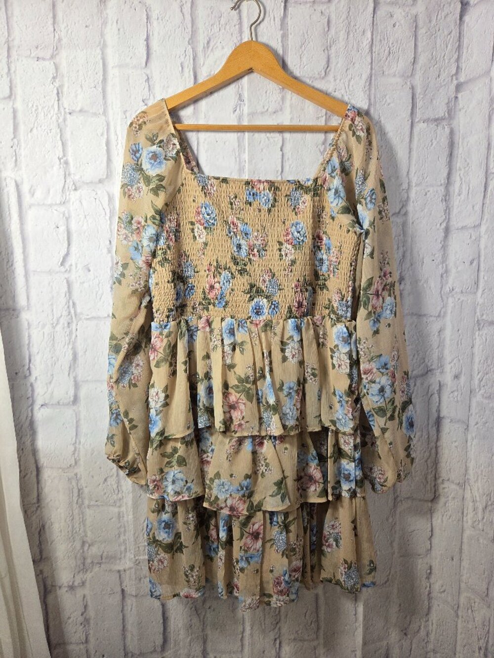 Madden NYC XL Beige Floral Smocked Mini Dress Peasant Boho Fairy Tiered Forest